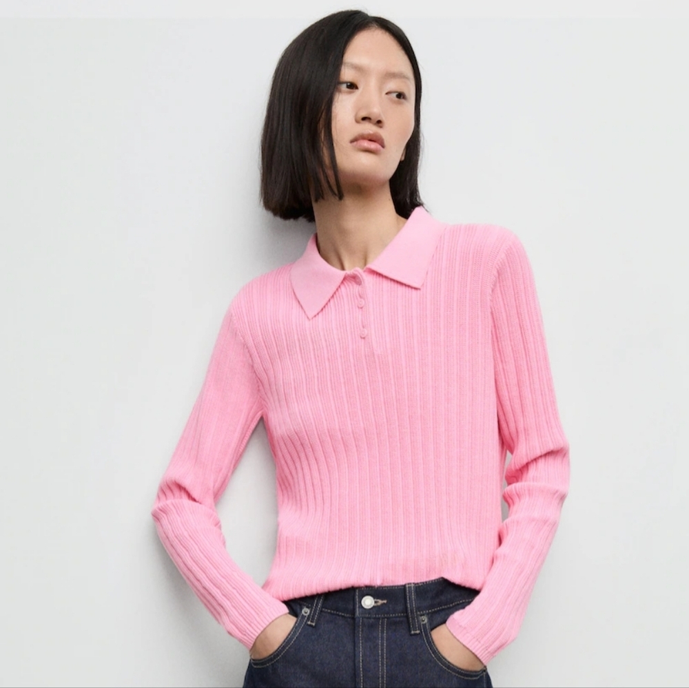 New Mango Polo Knit Ribbed Sweater Pink Size Large